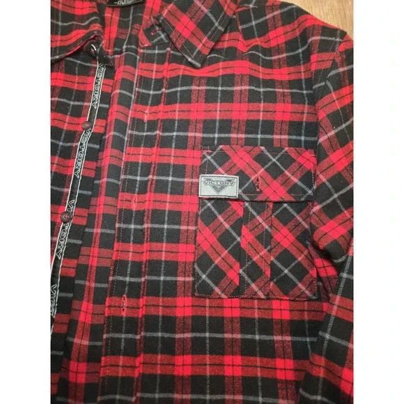 🔥 Victory Motorcycles Button‎ Down Red Black Plaid Shirt Men's Medium M - Picture 4 of 5